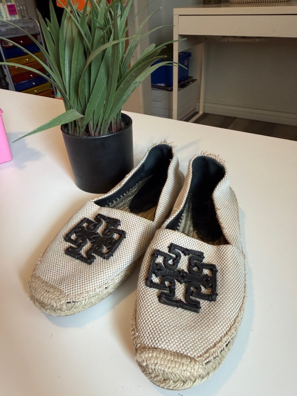 Tory Burch Cream Canvas Espadrilles with Black Logo